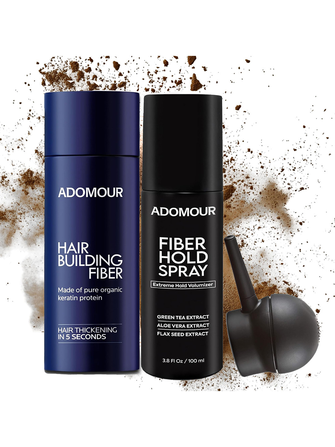 ADOMOUR Set Of 3 Hair Kit Hair Fiber & Hold Spray & Applicator Pump- Medium Brown- 27.5g