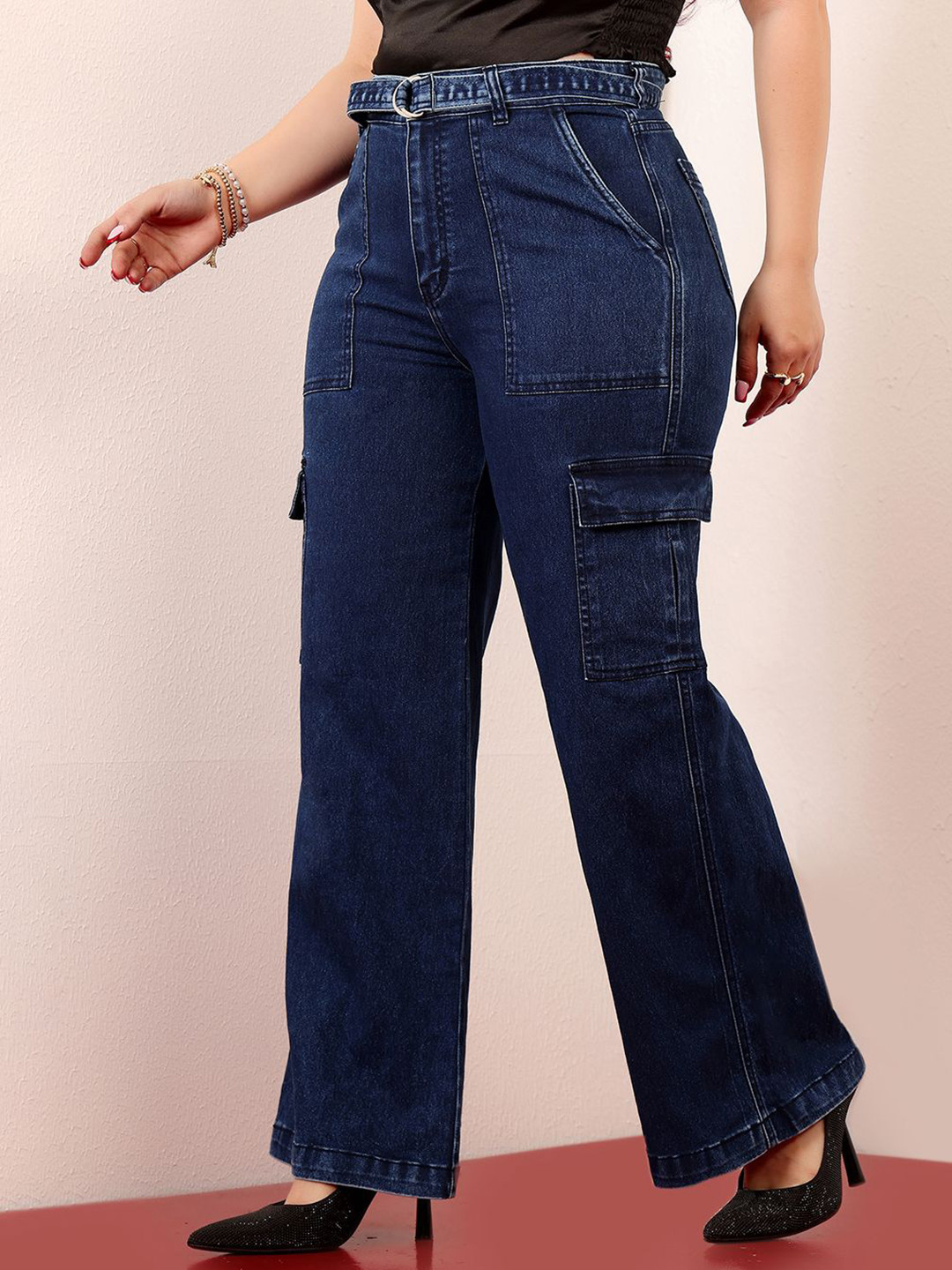 Miss Chase A+ Women's Wide-Leg High-Rise Clean-Look Stretchable Cargo Denim Jeans