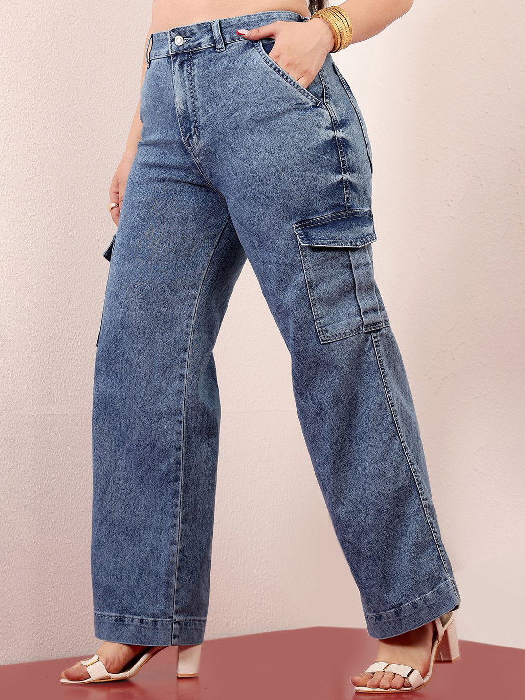 Miss Chase A+ Women's Wide-Leg High-Rise Clean-Look Stretchable Flared Cargo Denim Jeans