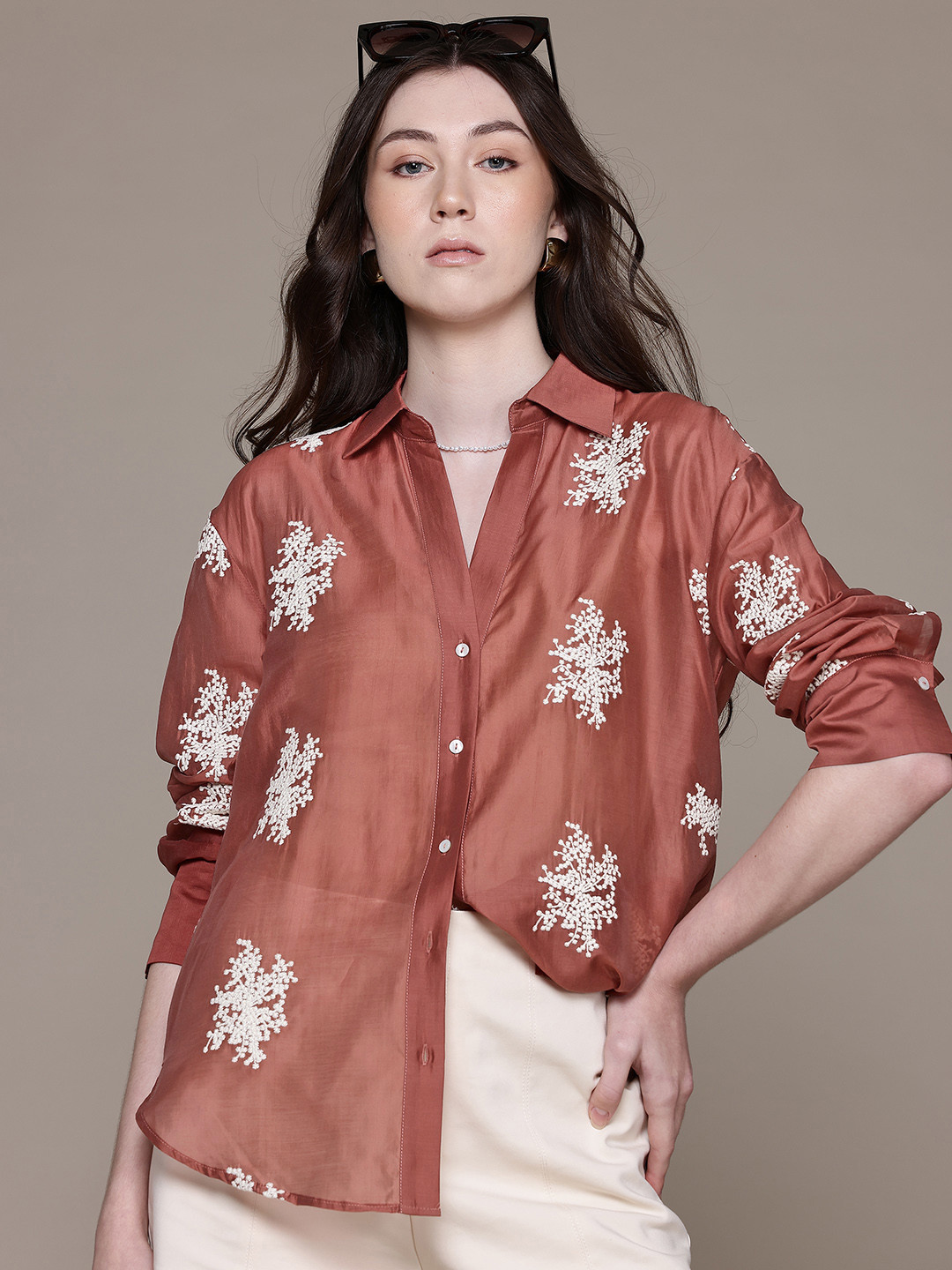 MANGO Embroidery Thread Work Drop-Shoulder Sleeves Semi-Sheer Shirt
