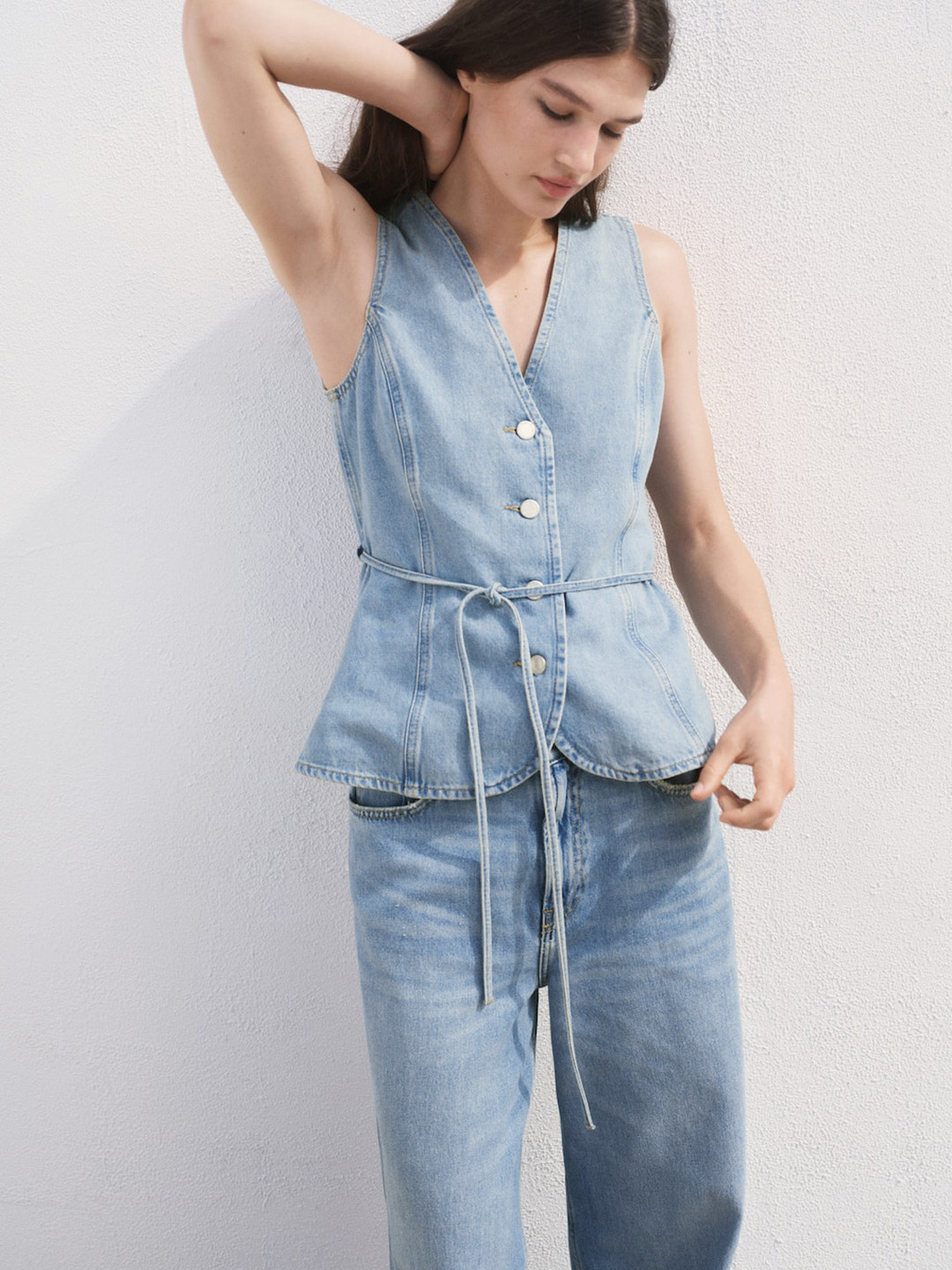 MANGO Pure Cotton Buttoned Faded Denim Gilet Waistcoat With Fabric Tie-up