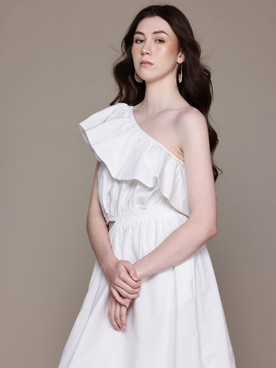 MANGO One Shoulder Ruffled Cut-Out A-Line Midi Dress