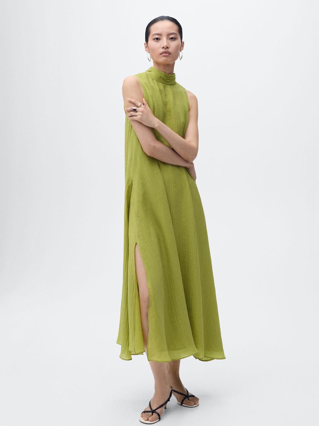 MANGO Halter Neck Crinkled A-Line Midi Dress With Side High Slits