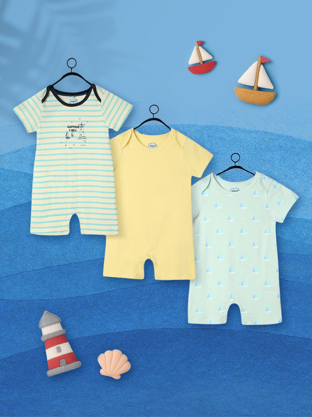 Nauti Nati Infants Boys 3-Pcs Printed Envelope NeckRompers