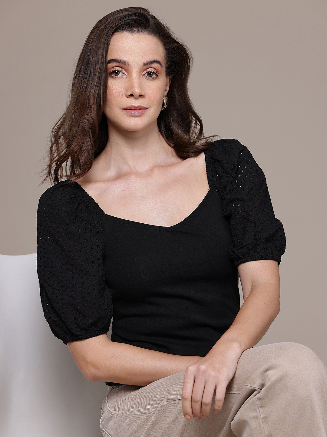 GAP Puff Sleeve Schiffli Detail Sweetheart Neck Top