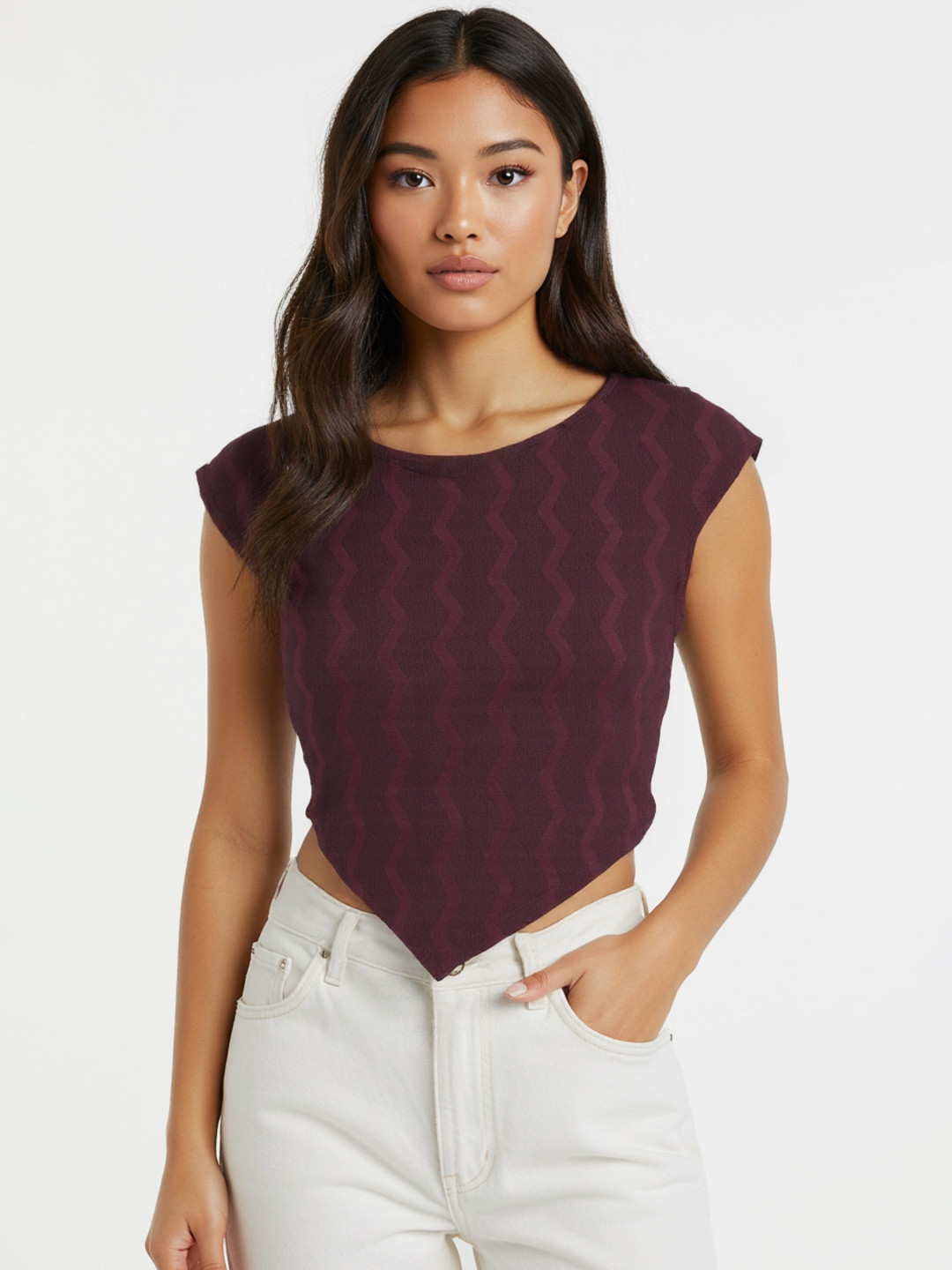 Burgundy Textured Crop Top with Asymmetric Hem