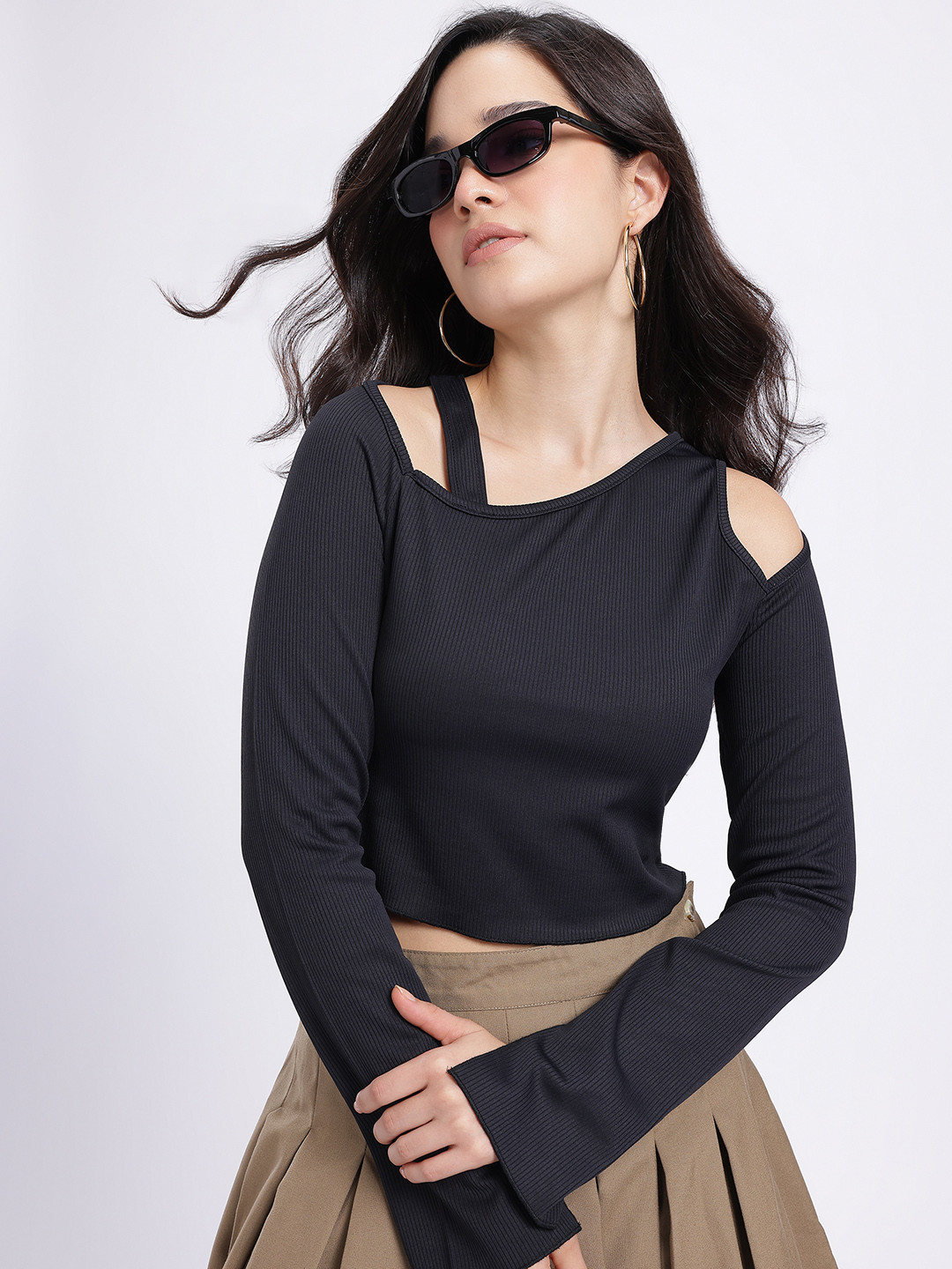 Ribbed Asymmetric Neck Cold-Shoulder Crop Top
