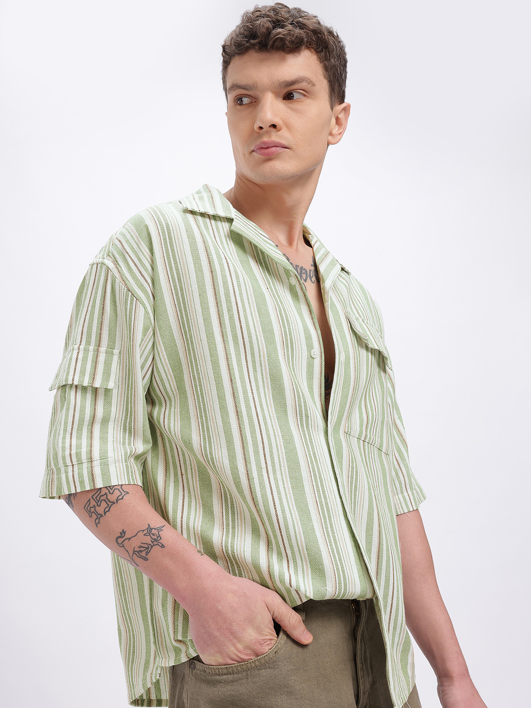 glitchez Relaxed Fit Multi-Striped Pocket Detail Textured Casual Shirt