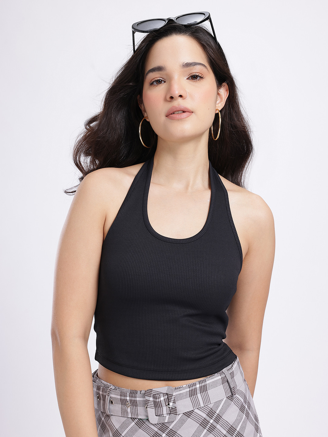 Ribbed Halter Neck Open Back Fitted Top