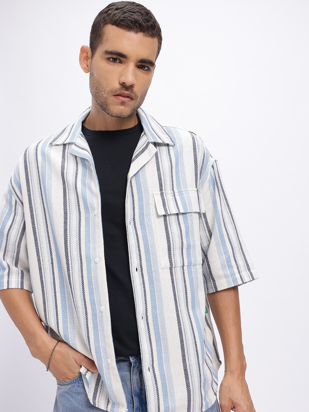 glitchez Relaxed Fit Multi-Striped Pocket Detail Textured Shirt