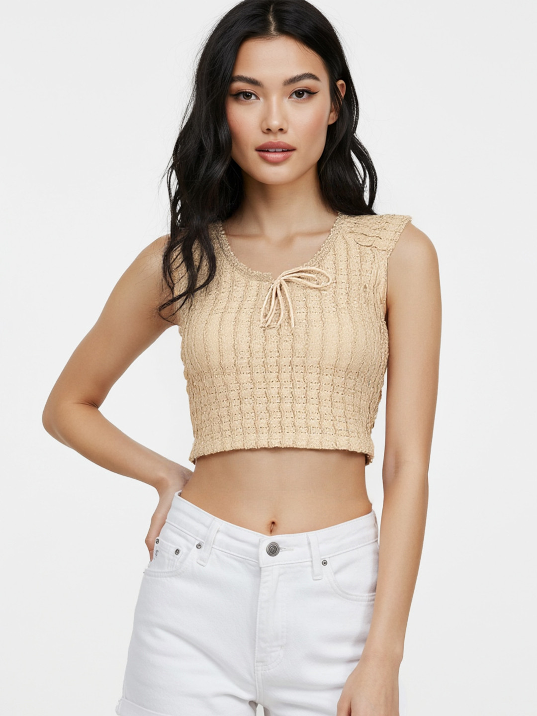 glitchez Horizontally Self-Striped Lace Insert Detail Tie-Up Neck Crop Top