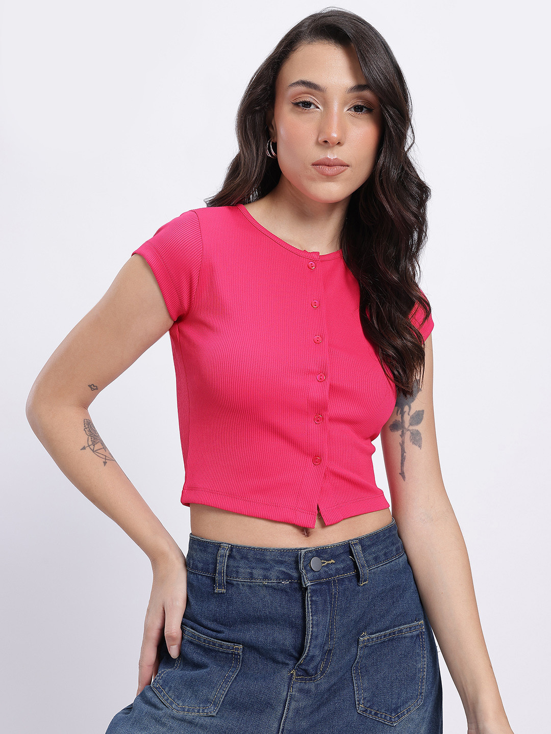 Ribbed Button-Down Crop Fitted Top in Fuchsia Pink