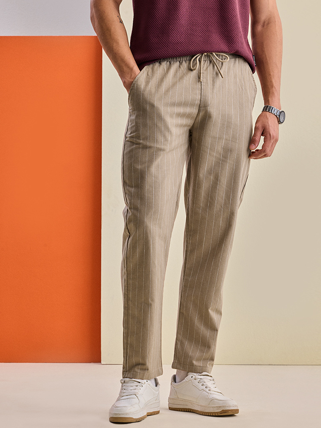 Snitch Men Striped Beige Mid-Rise Straight Fit Trousers