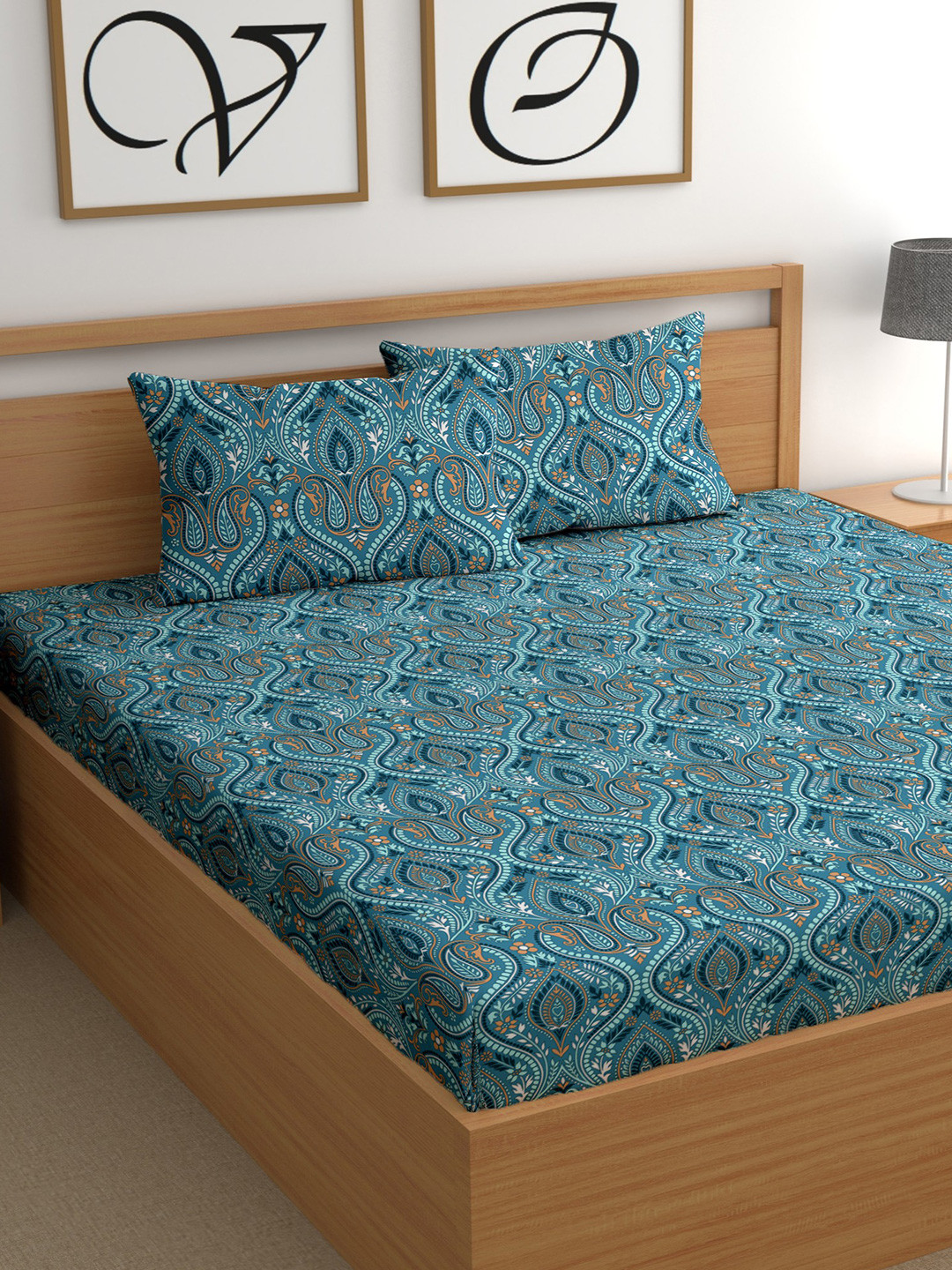 CG HOMES Blue & White Printed Cotton 210 TC Queen Bedsheet Set 2.5 m x 2.25 m