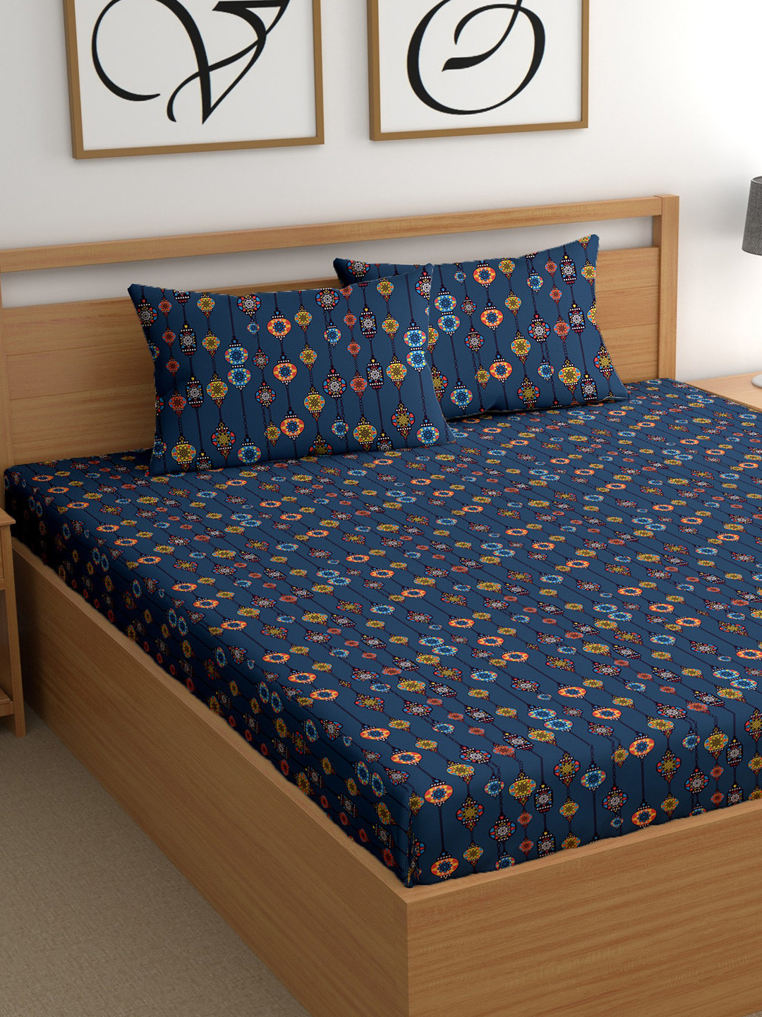 CG HOMES Blue & Yellow Ethnic Motifs Cotton 200 TC Queen Bedsheet Set 2.25 m x 2.50 m