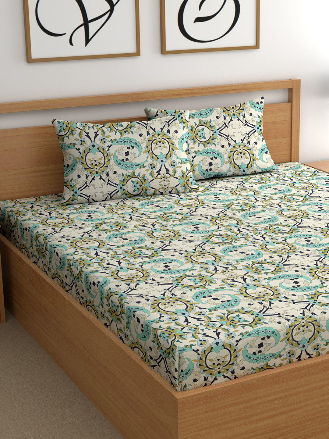 CG HOMES Turquoise Blue & Yellow Printed Cotton 210 TC Queen Bedsheet Set 2.5 m x 2.25 m