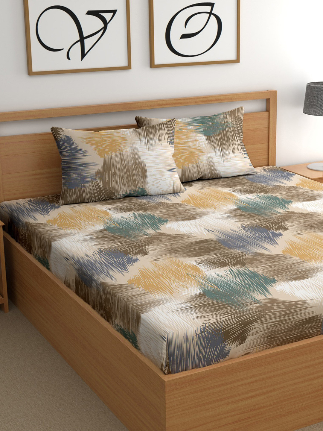 CG HOMES White & Beige Abstract Printed Cotton 200 TC Queen Bedsheet Set 2.25 m x 2.50 m