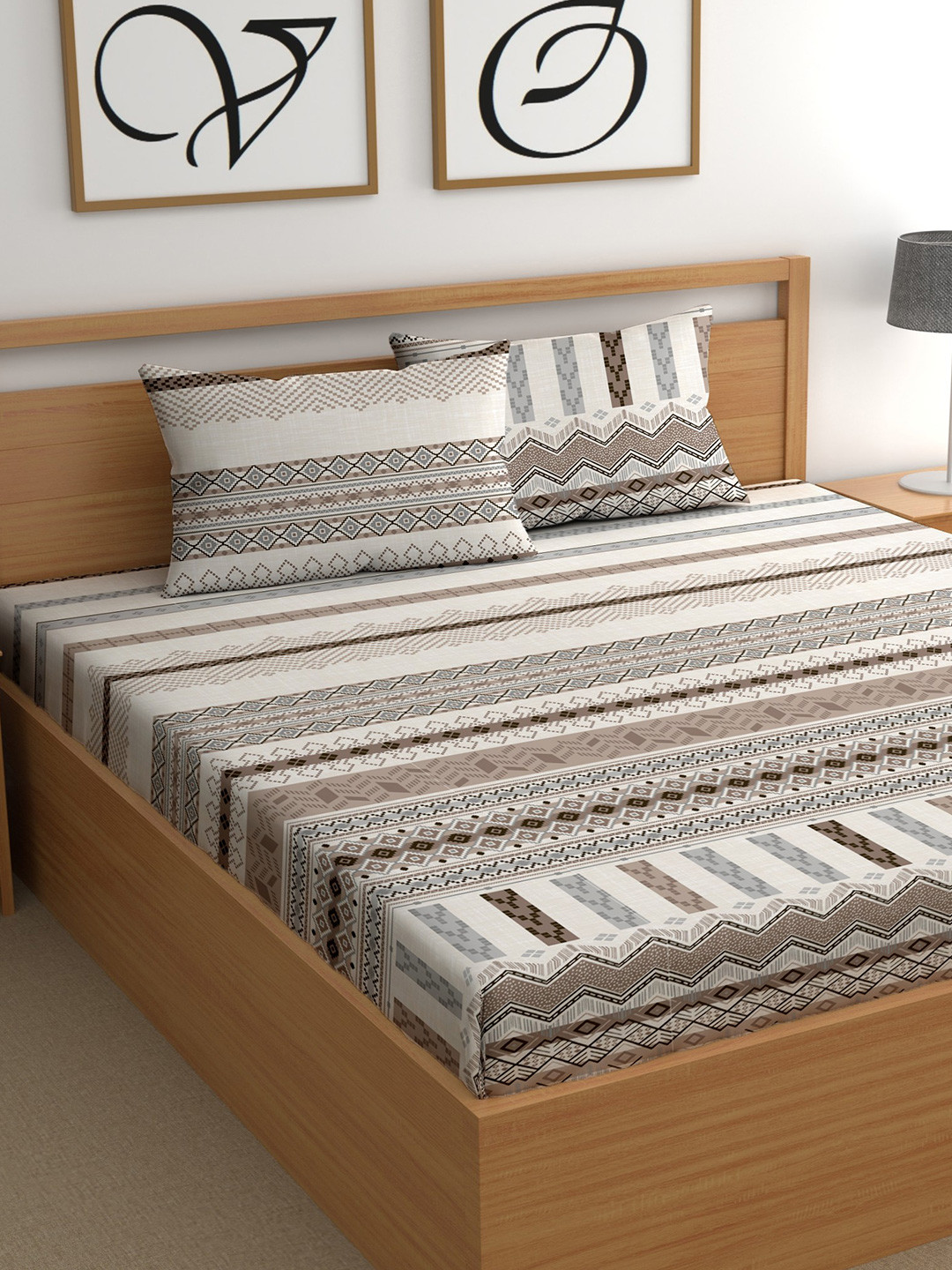 CG HOMES White & Brown Striped Cotton 210 TC Queen Bedsheet Set 2.5 m x 2.25 m