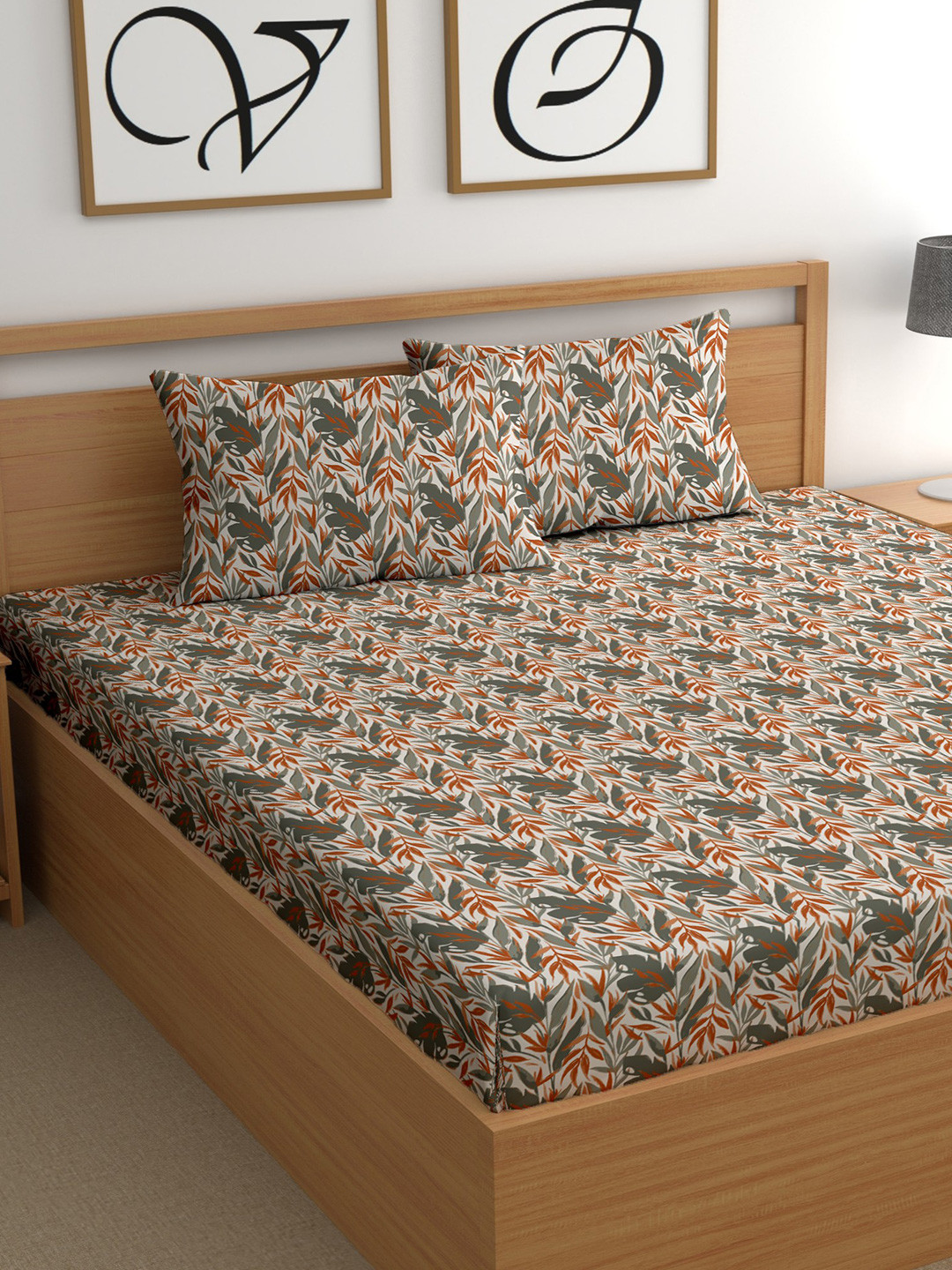 CG HOMES Grey & Orange Colored Printed Cotton 210 TC Queen Bedsheet Set 2.5 m x 2.25 m