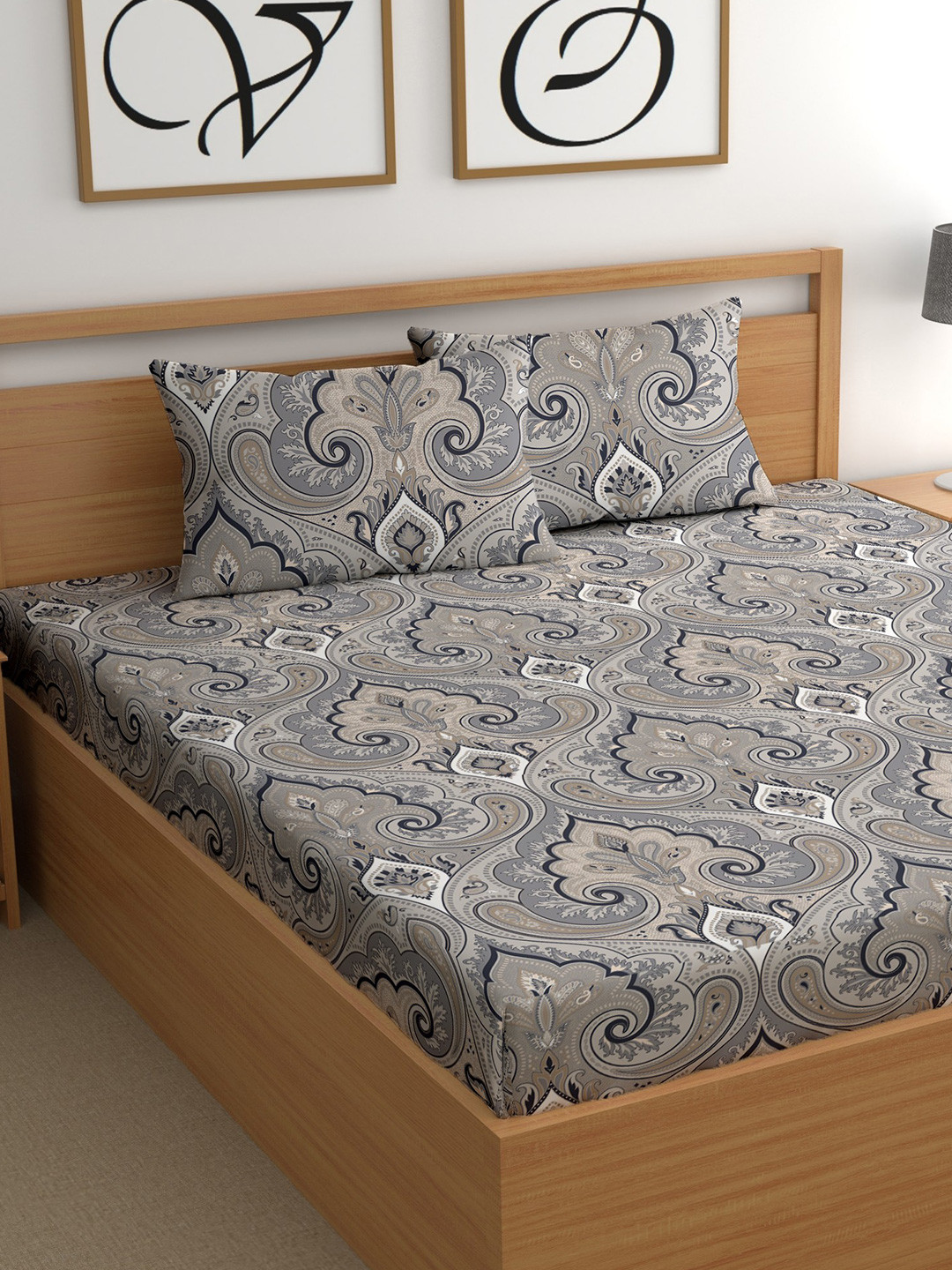 CG HOMES Grey & White Paisley Printed 200 TC Queen Bedsheet Set 2.25 m x 2.50 m