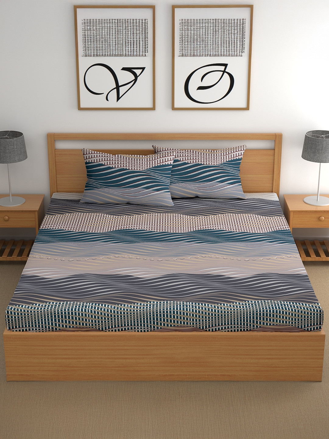 CG HOMES Brown & Grey Printed Cotton 210 TC Queen Bedsheet Set 2.5 m x 2.25 m