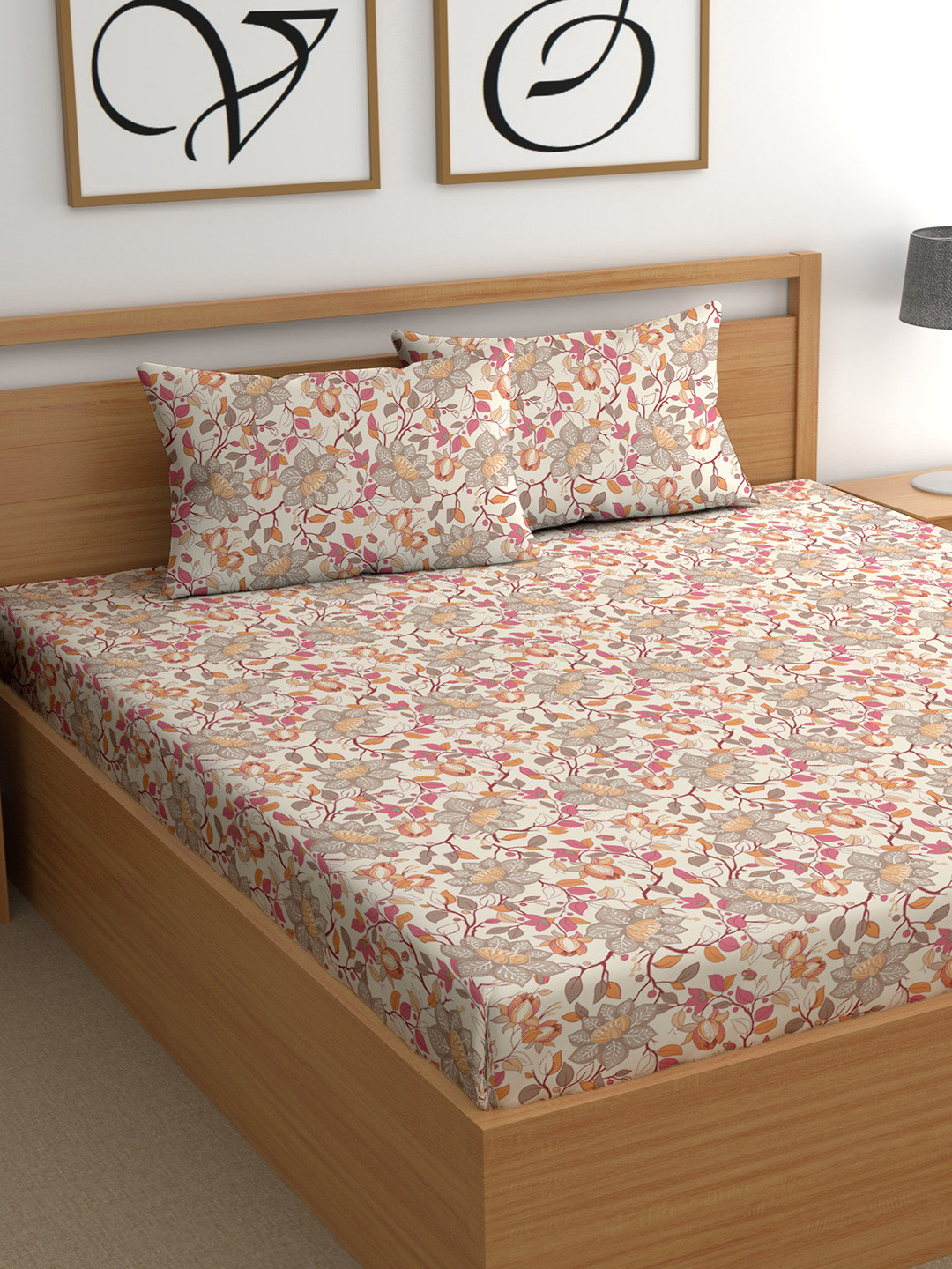 CG HOMES Pink & White Floral Printed Cotton 200 TC Queen Bedsheet Set 2.25 m x 2.50 m