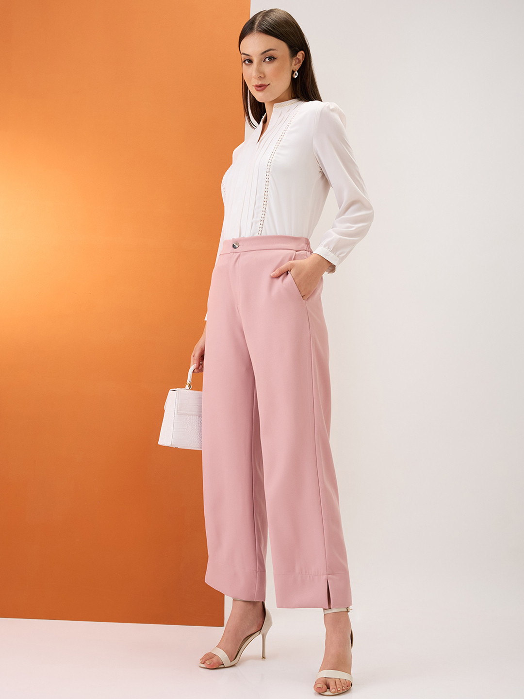 Globus Solid Mid-Rise Bottom Hem Slits Relaxed Fit Formal Trousers