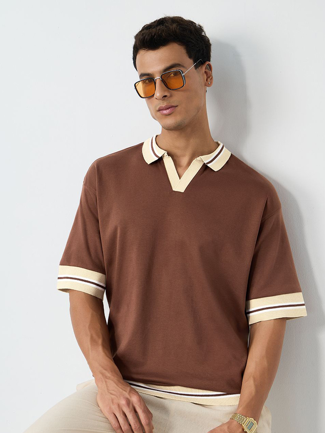 The Souled Store Men Oversized Fit Solid Brown Polos