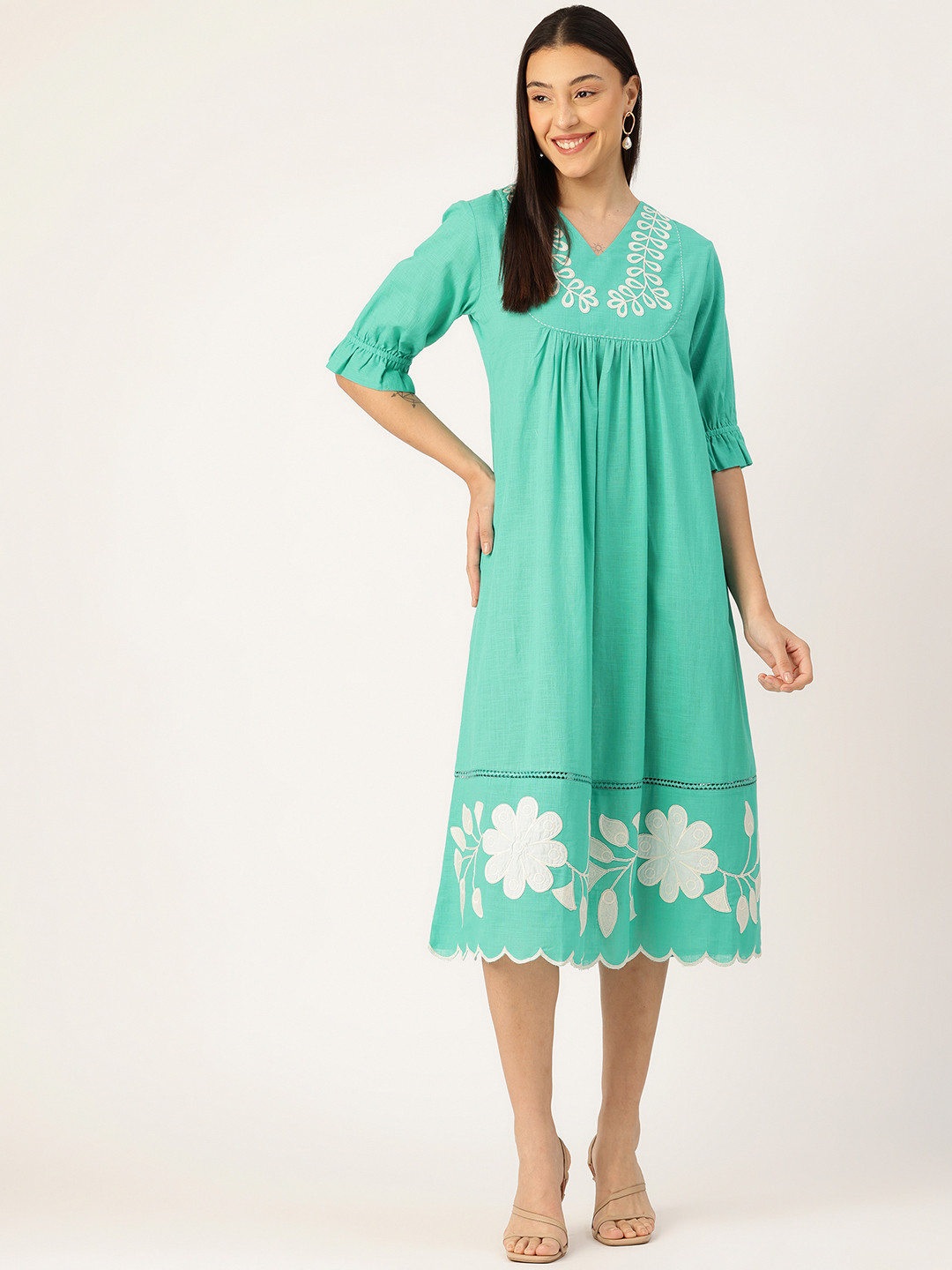 MISRI Floral Embroidered Puff Sleeve A-Line Midi Dress