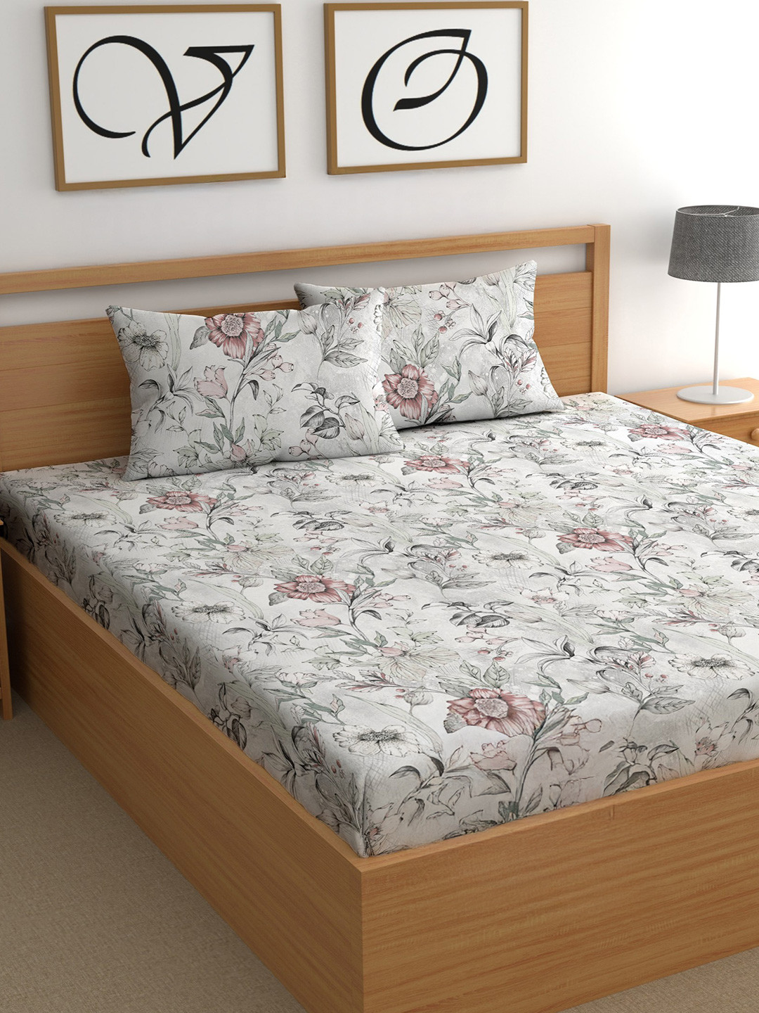 CG HOMES Grey Floral Printed 210 TC Cotton Queen Bedsheet Set 1.8 cm x 1.8 cm
