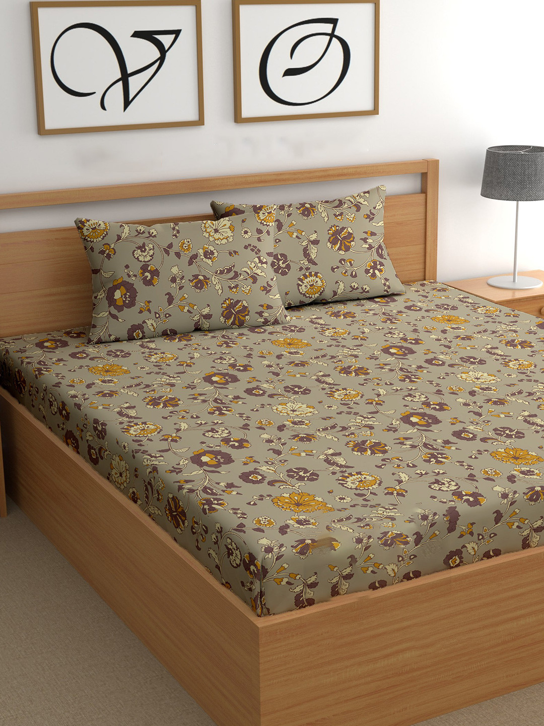 CG HOMES Brown Floral  Printed Cotton 210 TC Fitted Queen Bedsheet 1.82 m x 1.82 m