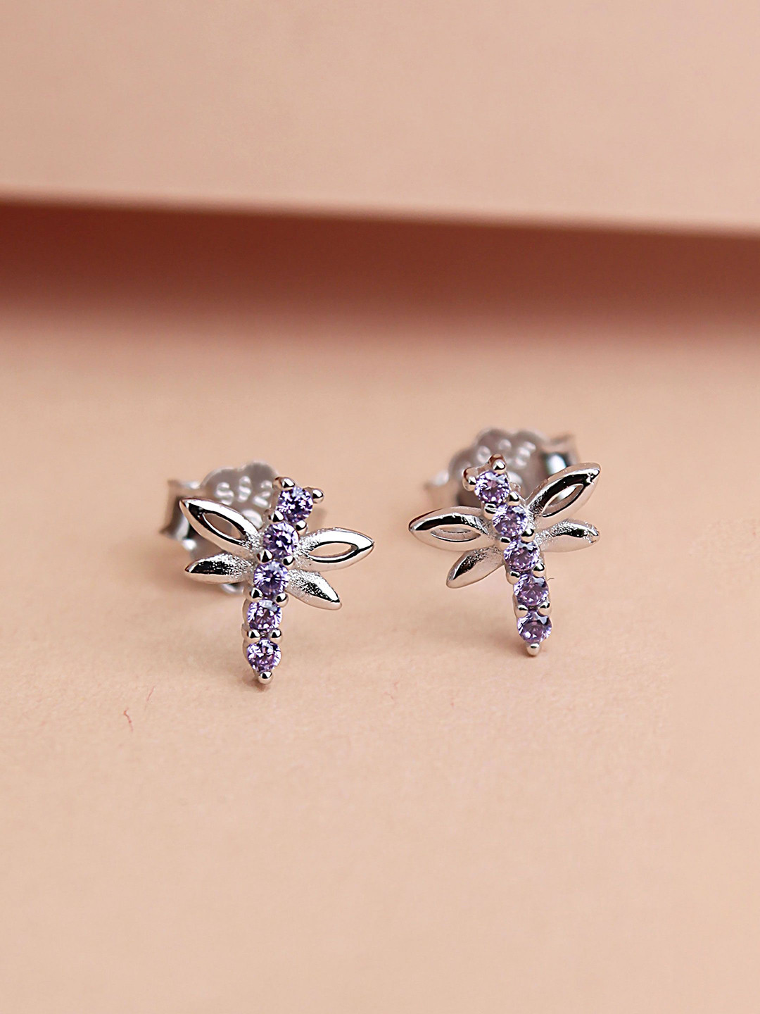 DEVASHREE 925 Sterling Silver Rhodium-Plated CZ Studded Classic Dragonfly Studs
