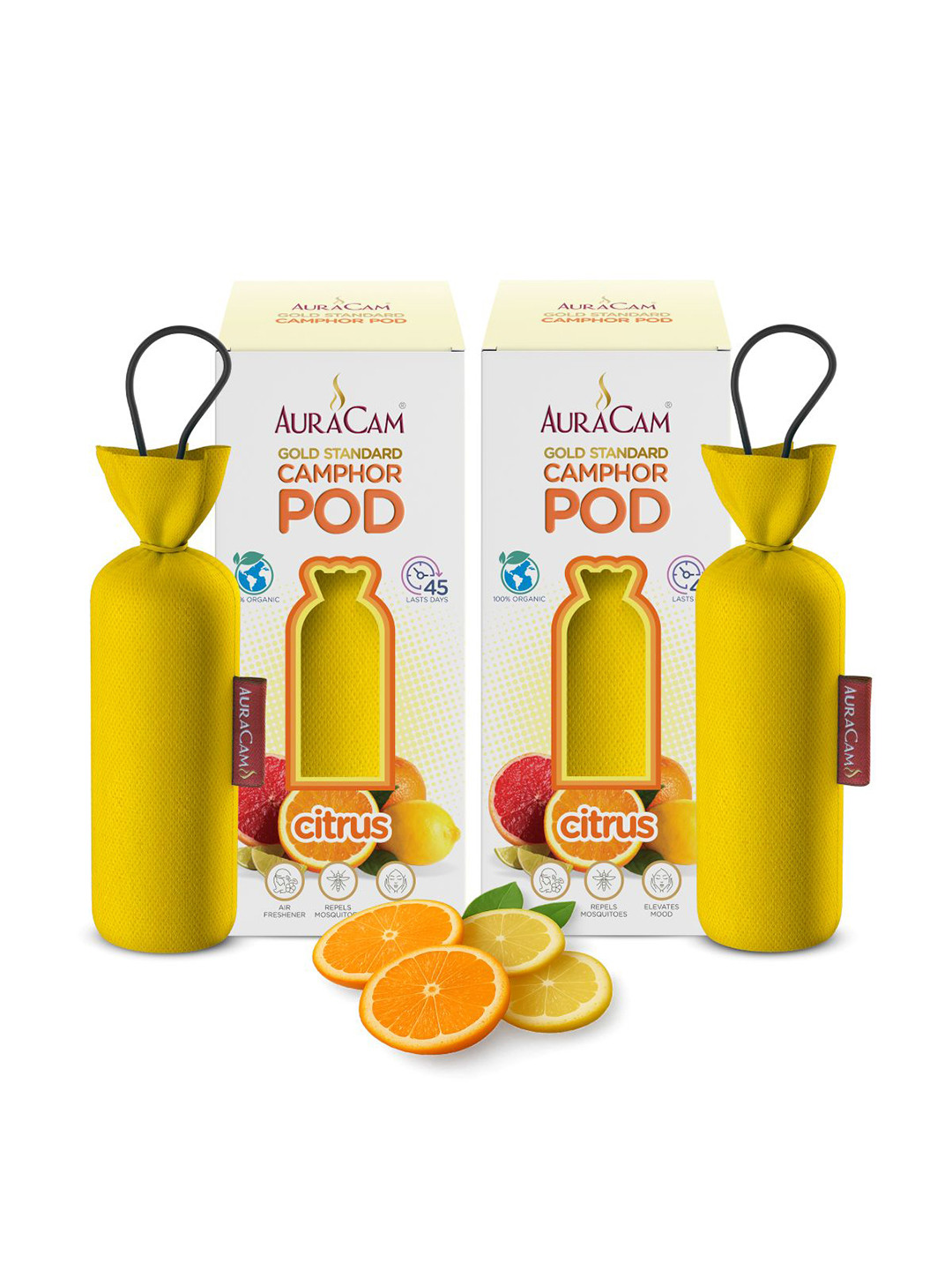 AuraCam 2Pcs Yellow Gold Standard Camphor Pod Cone Citrus Air Fresheners