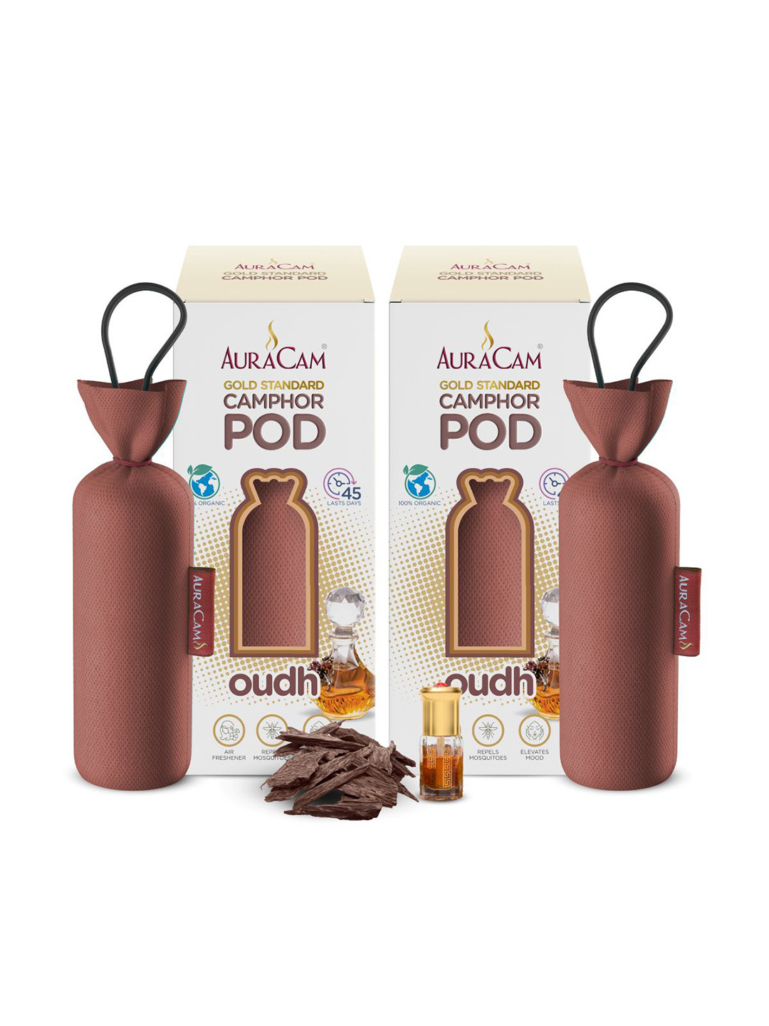 AuraCam 2Pcs Brown Gold Standard Camphor Pod Cone Oudh Air Fresheners