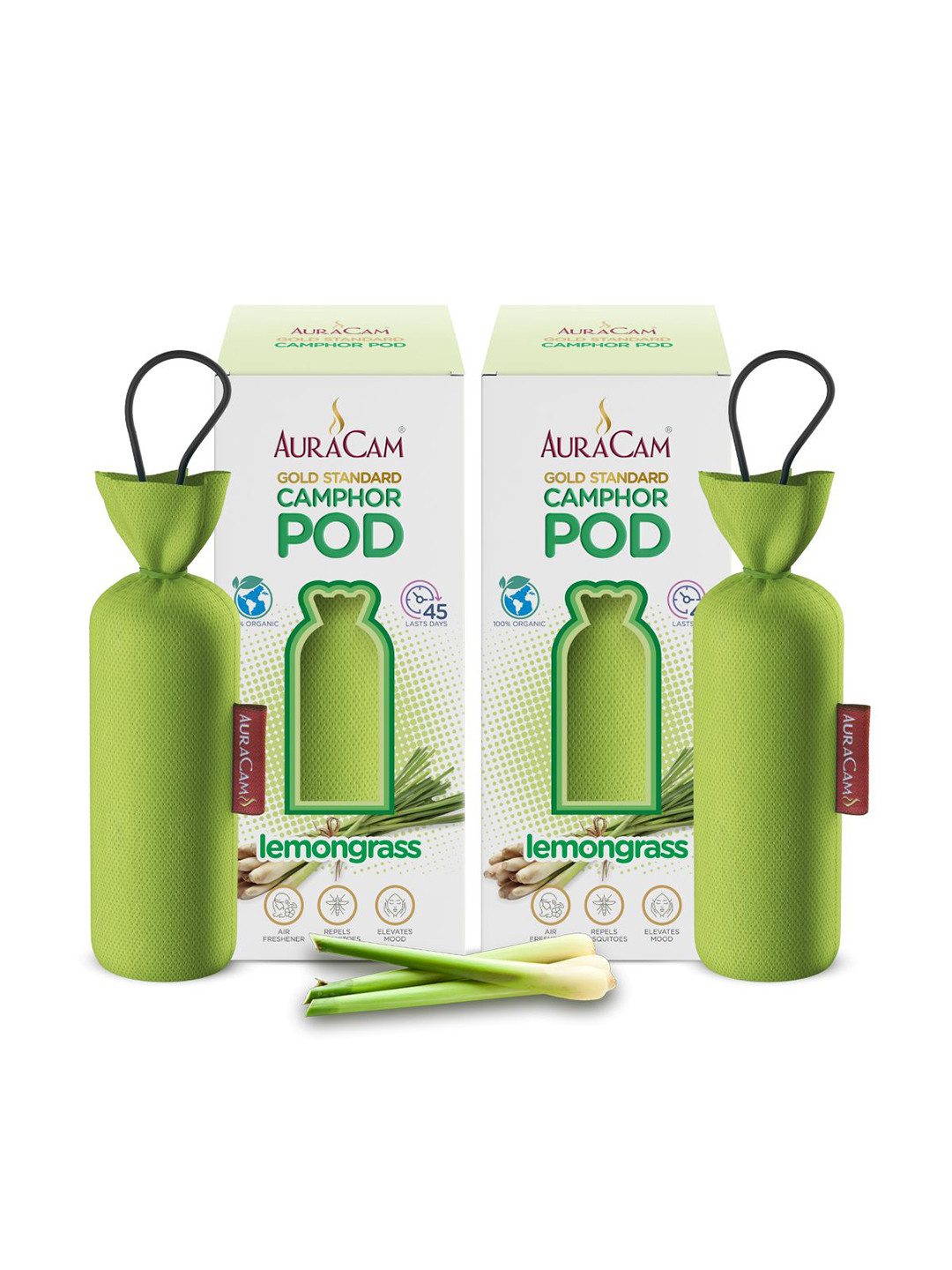 AuraCam 2Pcs Green Gold Standard Camphor Pod Cone Lemongrass Air Fresheners
