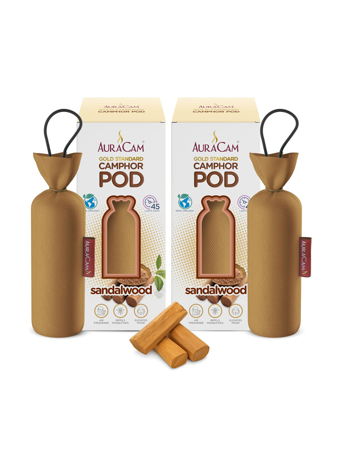 AuraCam 2Pcs Brown Gold Standard Camphor Pod Cone Sandalwood Air Fresheners