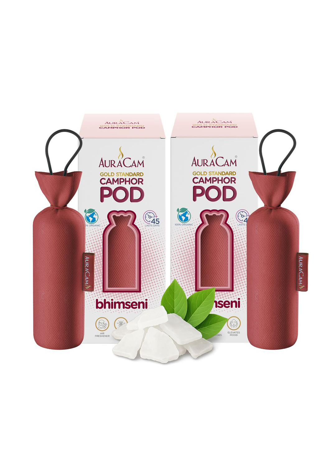AuraCam 2Pcs Off White & Red Gold Standard Camphor Pod Cone Bhimseni Air Fresheners