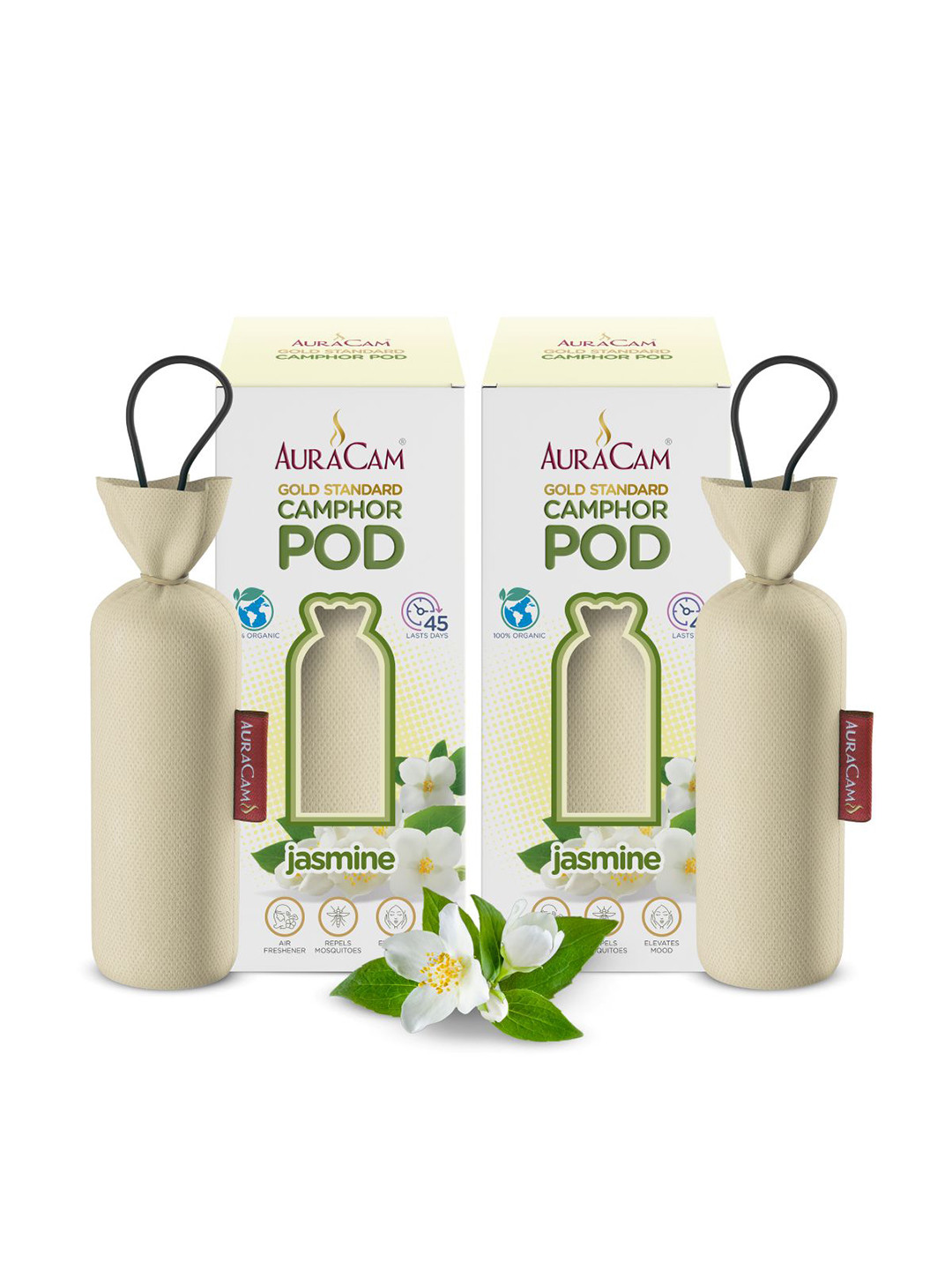 AuraCam 2Pcs Off White Gold Standard Camphor Pod Cone Jasmine Air Fresheners