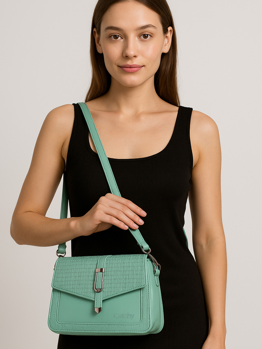 CATCHY Women Textured Structured Buckle Detail Satchel Bag