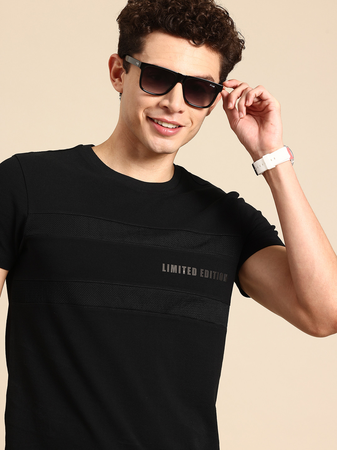 United Colors of Benetton Self Design Mesh Detail Pure Cotton T-shirt