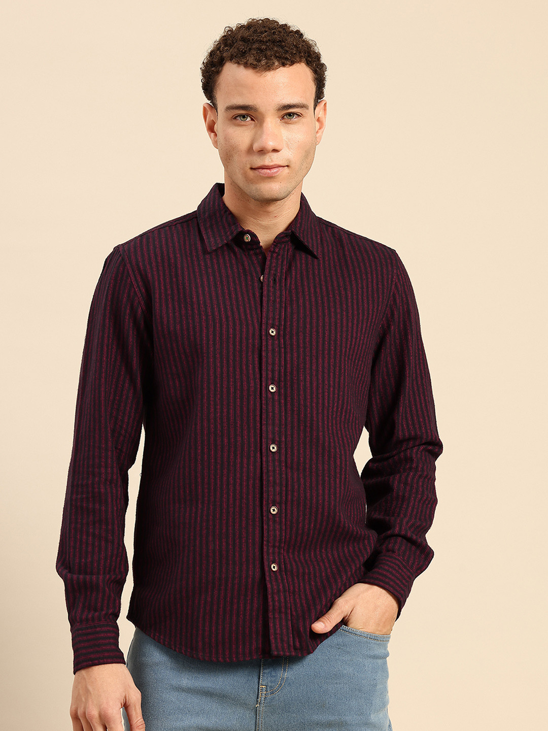 United Colors of Benetton Vertically Striped Pure Cotton Mandarin Collar Shirt