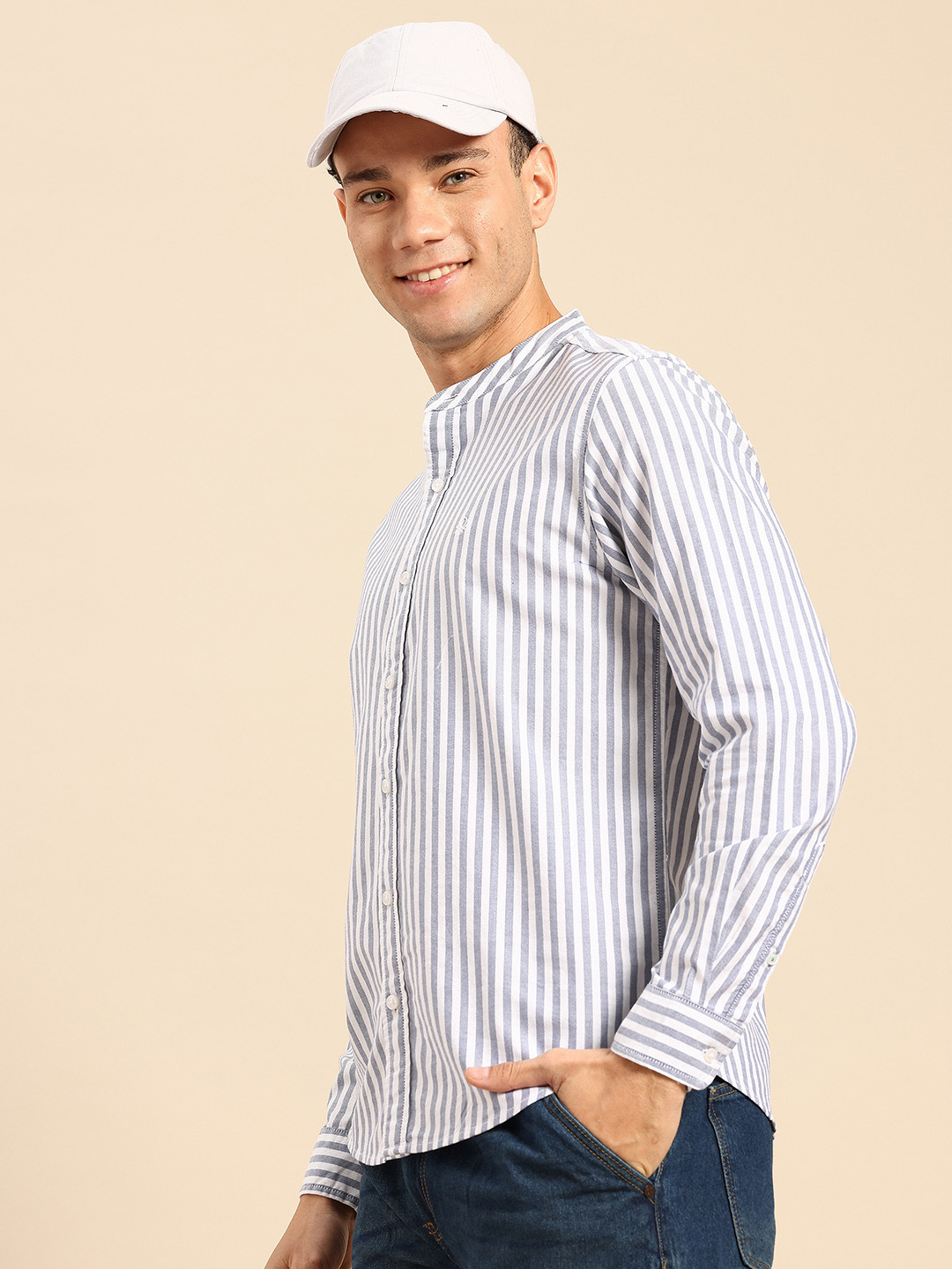 United Colors of Benetton Vertically Striped Oxford Pure Cotton Mandarin Collar Shirt