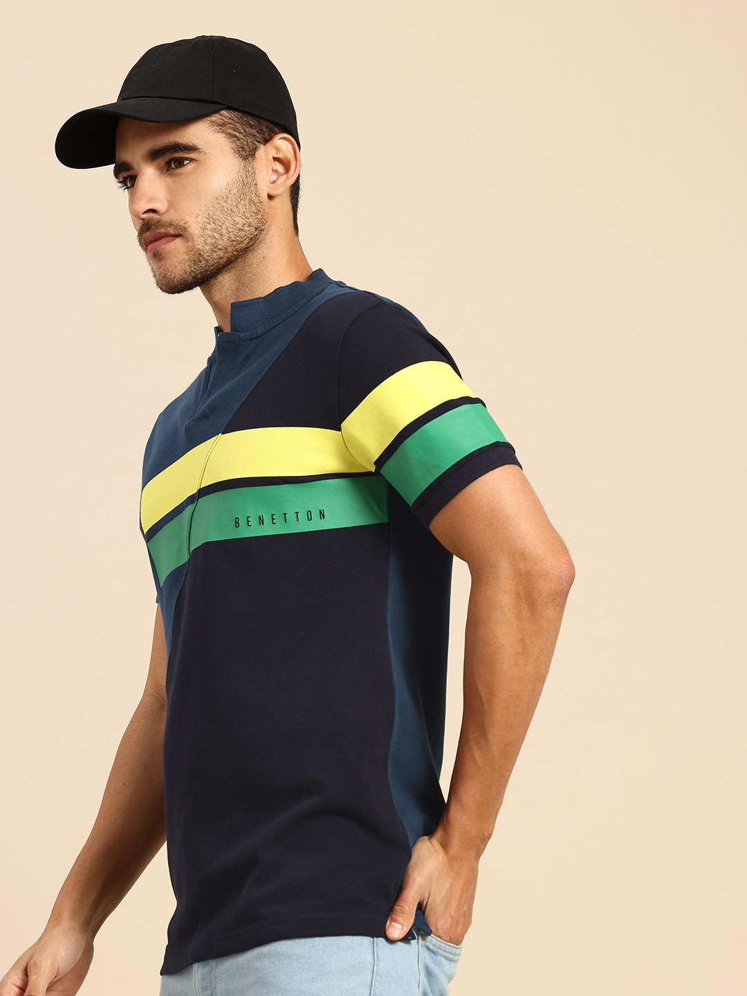 United Colors of Benetton Striped Paneled Stand Collar Cotton T-shirt