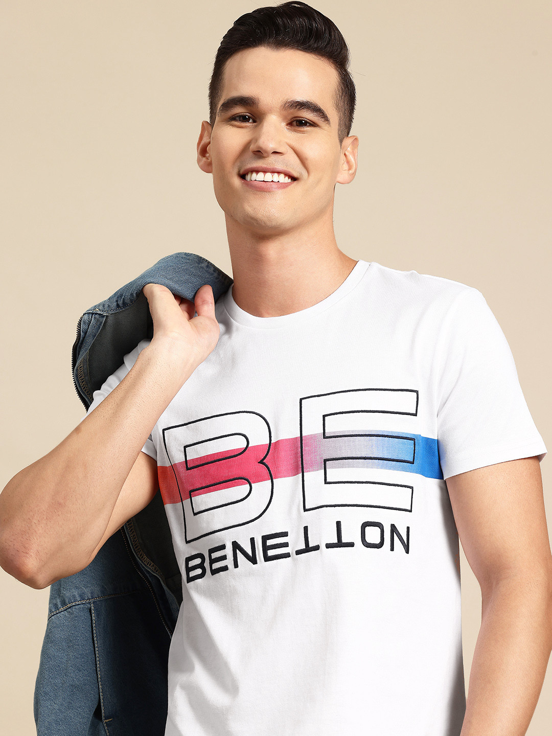 United Colors of Benetton Typography Embroidered Pure Cotton T-shirt with Ombre Stripe