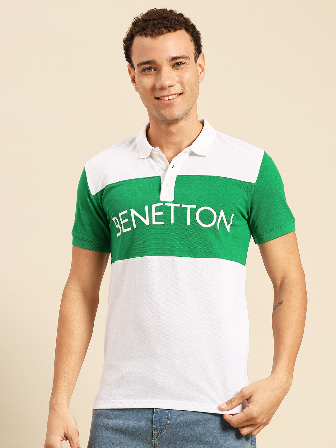 United Colors of Benetton Polo Collar Colourblocked Pique Knit  Cotton T-shirt