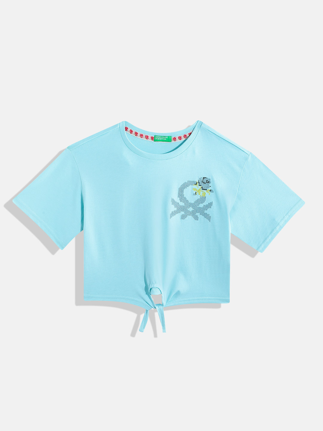 United Colors of Benetton Girls Embroidered Pure Cotton Front Knot Crop T-shirt
