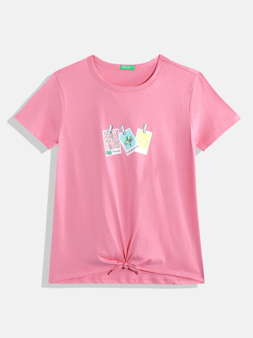 United Colors of Benetton Girls Floral Print Pure Cotton Top with Bow Detail