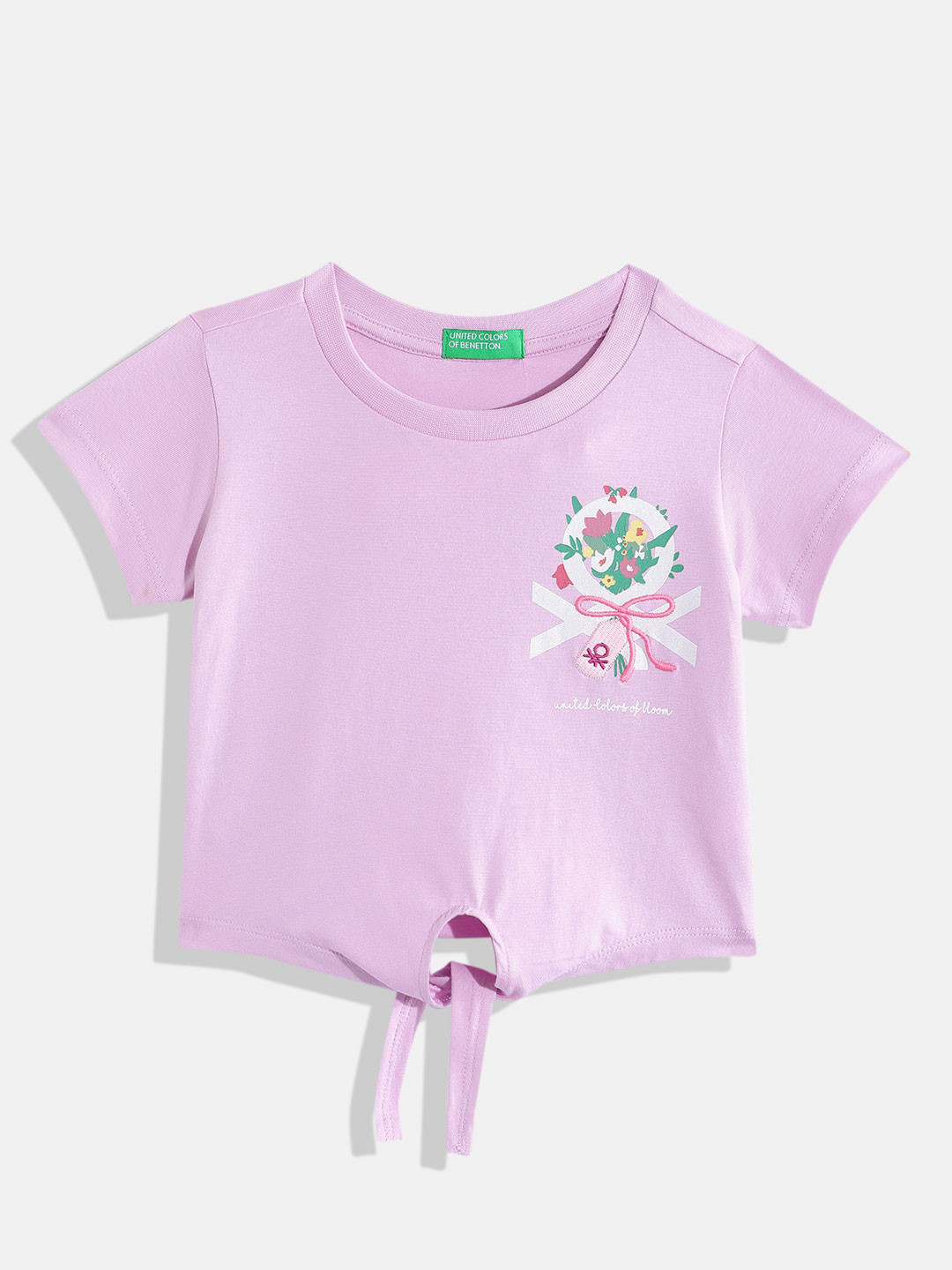 United Colors of Benetton Girls Brand Logo Printed Pure Cotton Front Knot Crop T-shirt