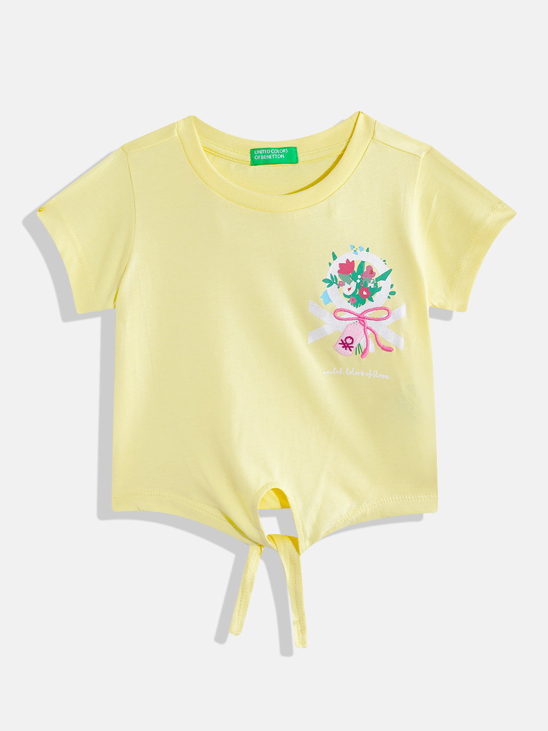 United Colors of Benetton Girls Brand Logo Printed Pure Cotton Front Knot Crop T-shirt