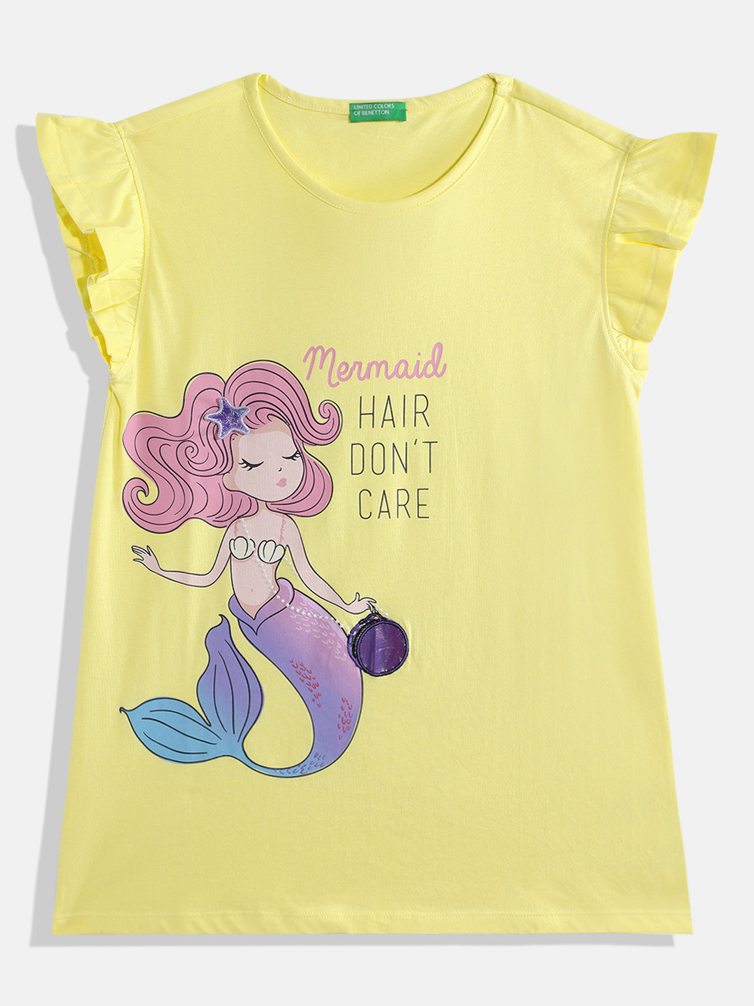 United Colors of Benetton Girls Pure Cotton Mermaid Printed T-shirt